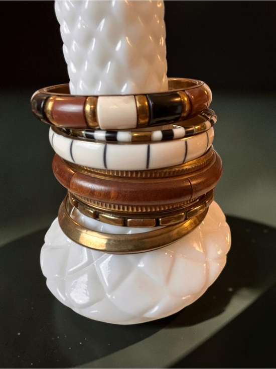 Jewelry - Lot of 6 Mixed Media Brass Bangles | Resin Wood Enamel Stack Bracelets Boho